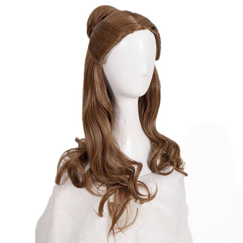 Modische gemischtbraune lange lockige Haare Chemiefaser synthetische Perücke | Berühmter Zeichentrickfilm-Charakter Belle Cosplay-Perücke