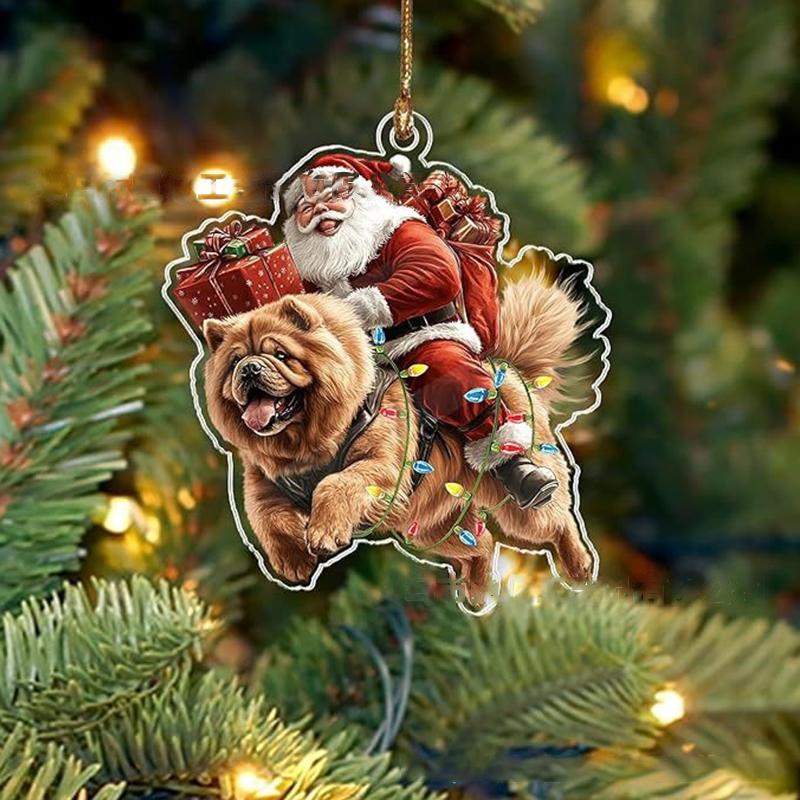 2026 Santa Claus And His Funny Dog Ornament 2D Flat Acrylic Pendant Christmas Decoration For Home Xmas Tree  Year Kerst