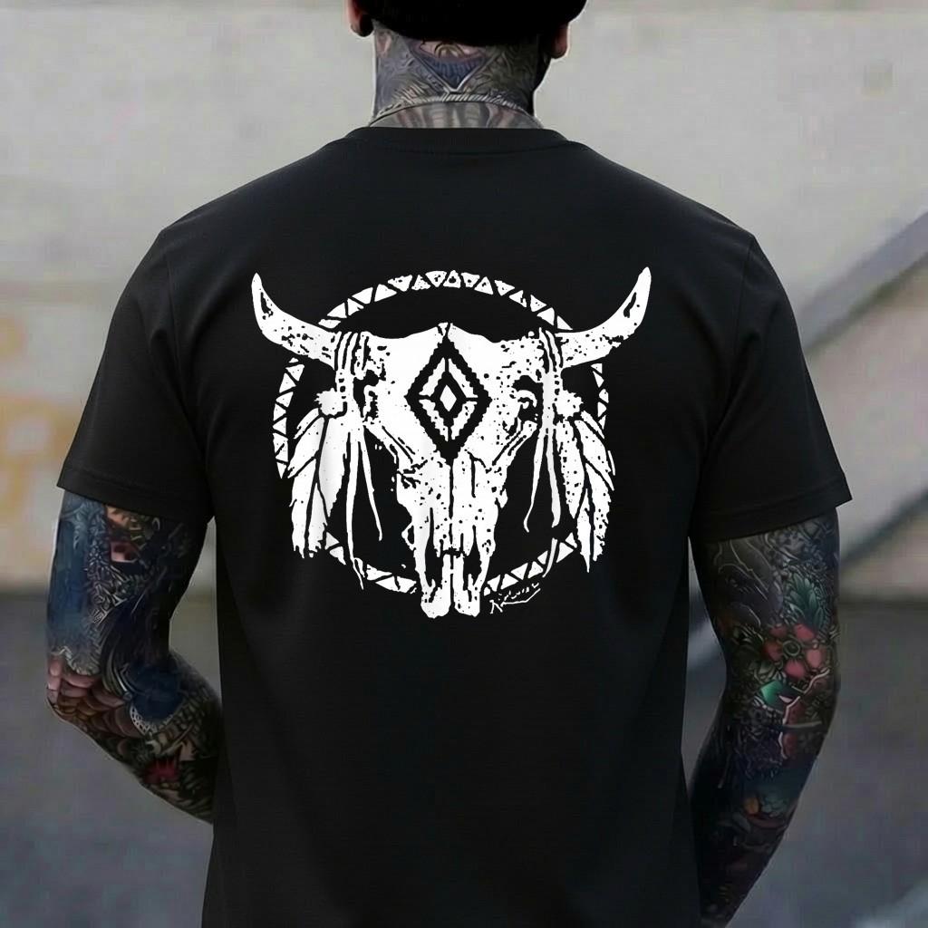 Tribal Bull Skull Western Desert Graphic Art Country Rodeo T-Shirt XL