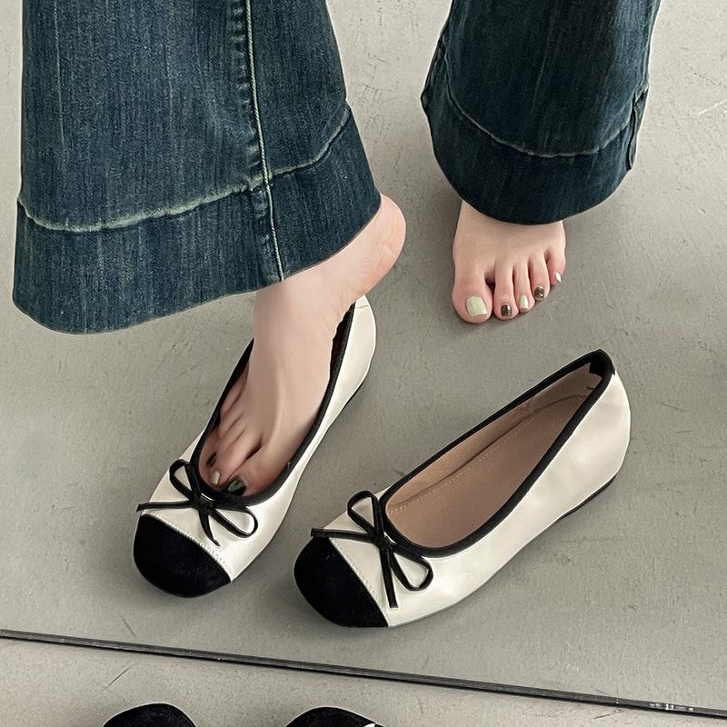 Bow ballet shoes women's spring new flat bottom shallow mouth single shoes casual temperament skirt