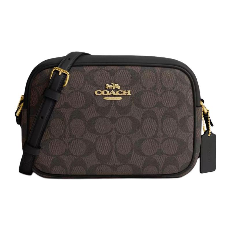

COACH Jamie 22 classic old flower gold label hardware buckle zipper coated canvas and smooth leather crossbody bag medium women s gold and black brown чорний
