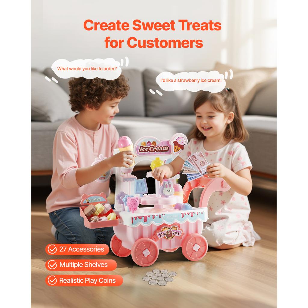 SucceBuy Pink Kids Ice Cream Cart Pretend Play Store Dolly with Sound & Light Effect Montessori Educational Toys for Children
