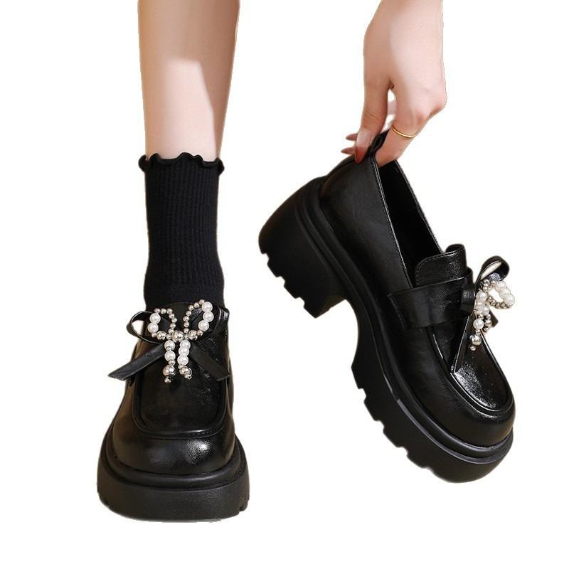 Pearl bow platform women's new autumn black small leather shoes retro single shoes