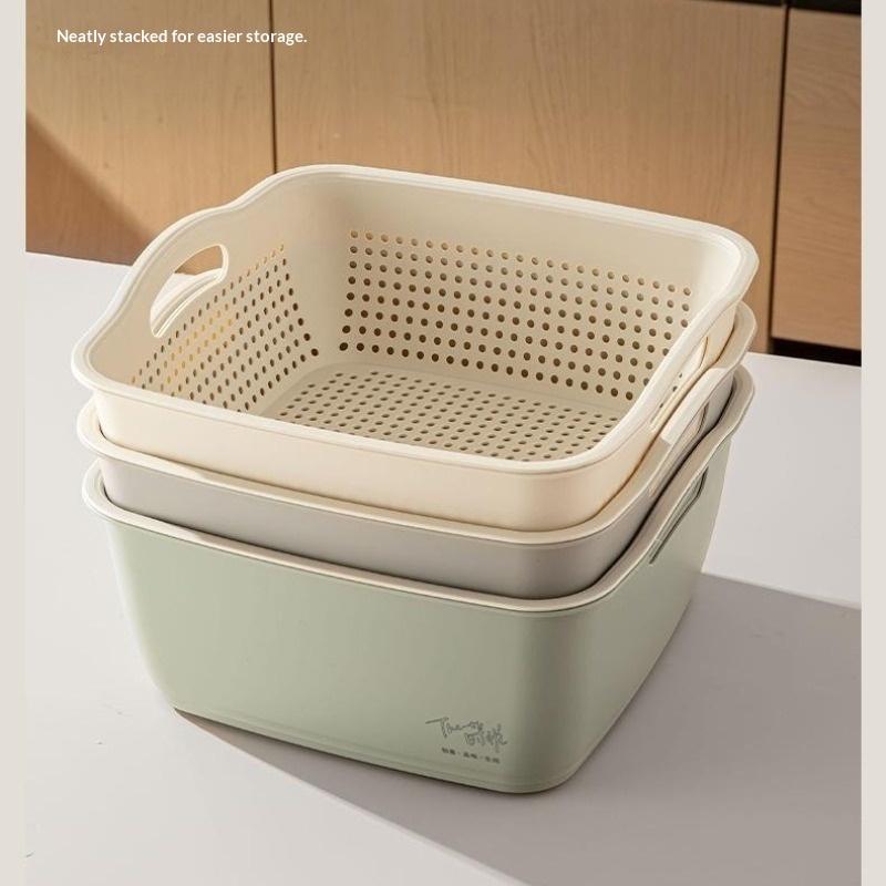 Food Grade Plastic Dual Layer Drain Basket Fine Drain Holes Kitchen Colander Set For Washing Fruits& Vegetables