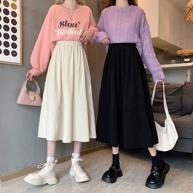 Elastic Waist Corduroy Skirt Women Autumn Winter Vintage Mid-length Skirt Solid High-waisted Korean Style Clothing