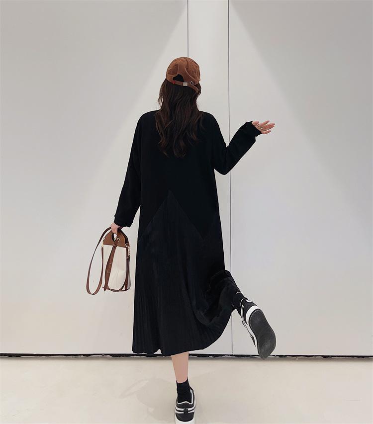 2023 Autumn/Winter Plus Size Patchwork Pleated Long Sleeve Dress for Women