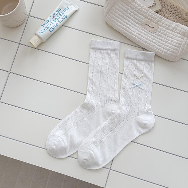 

Girls White Mid-Calf Mesh Socks with Bow Knot and Button Label - Breathable for Spring and Summer One Size
