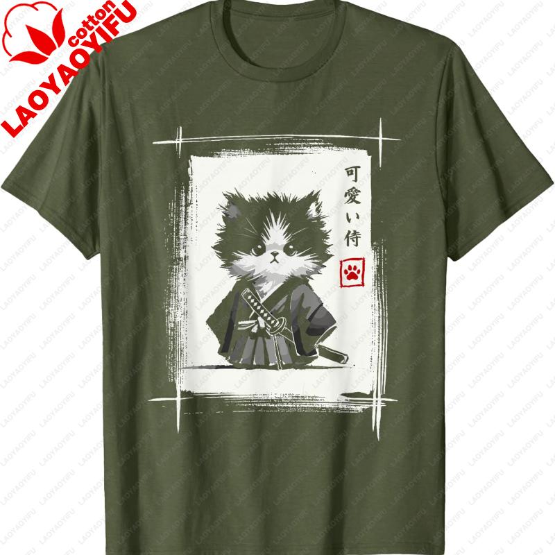 Harajuku Samurai Japanese Art Sumie Novelty Kawaii Funny Cat Unisex TShirt Lovely Printed Tshirt Tops Regular Short Sleeve