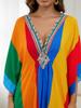 EDOLYNSA Flag Color Printed Boho Hand-knit V Neck Bat Sleeve Beach Dress 2024 Summer Women Loose Kaftan Beachwear Swimsuit Cover Up