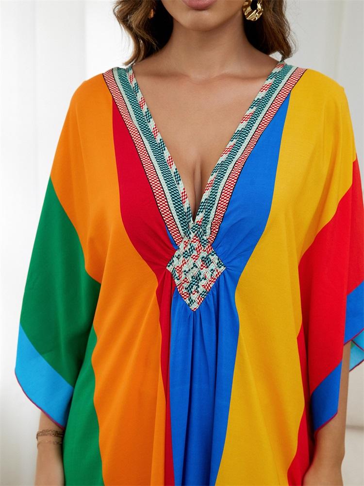 EDOLYNSA Flag Color Printed Boho Hand-knit V Neck Bat Sleeve Beach Dress 2024 Summer Women Loose Kaftan Beachwear Swimsuit Cover Up
