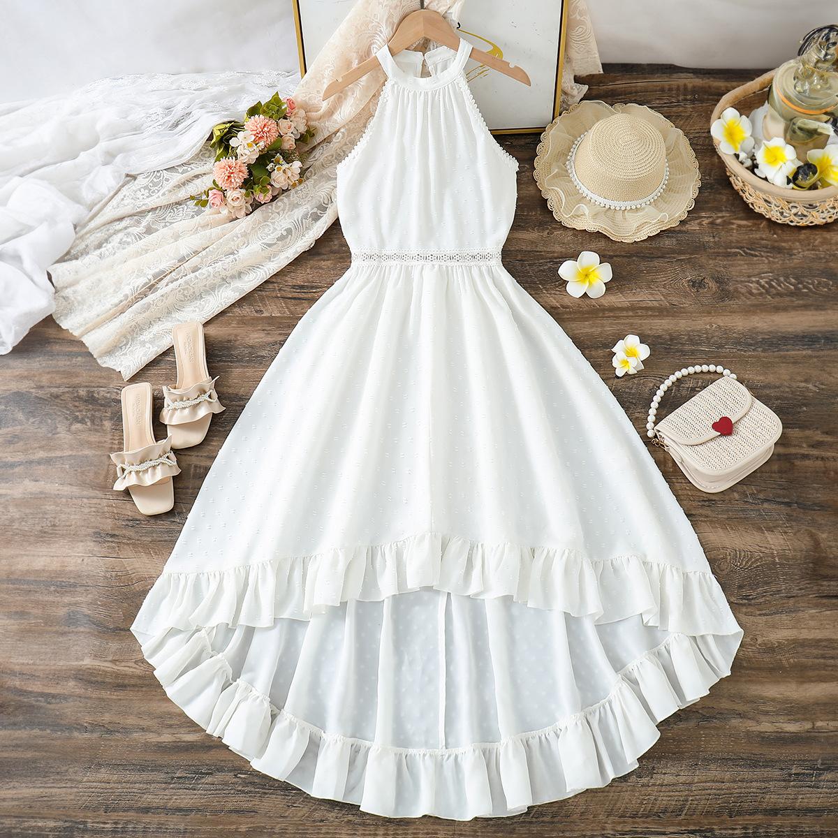 

Детское платье без рукавов с лямкой через шею, нерегулярное кружевное платье, летнее модное платье для девочек 13Y белый