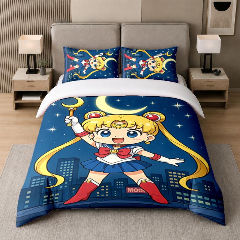 3Pcs Bed Set,Sailor Moon 1 Duvet Cover and 2 Pillowcases, Printed Bedding Decor For Guest Room