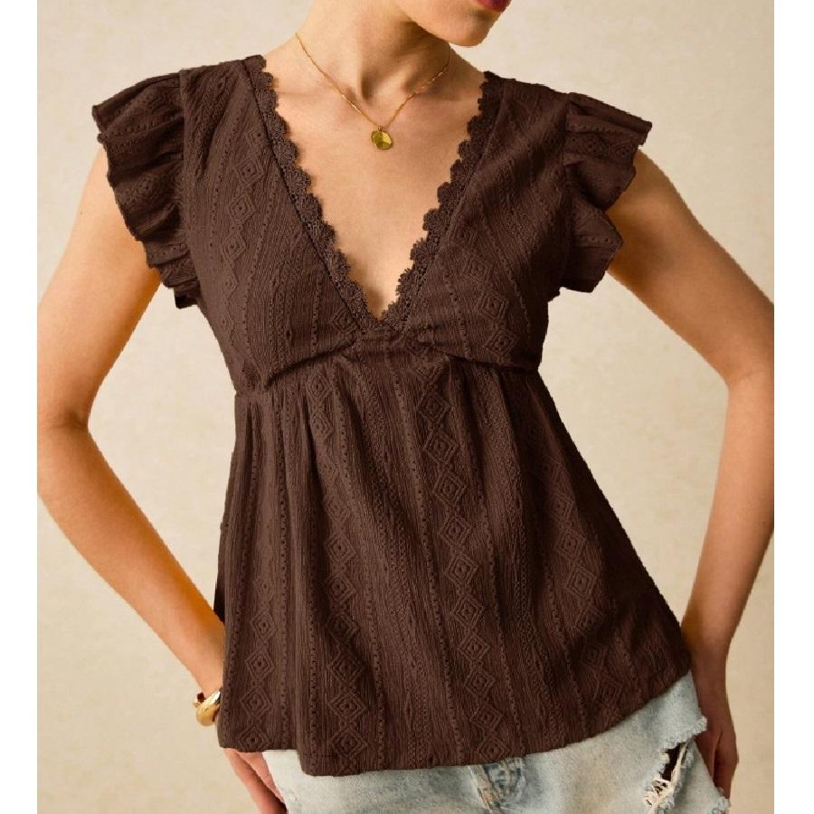 

Женские летние футболки с V-образным вырезом и ажурным узором, с оборками и коротким рукавом XL коричневый