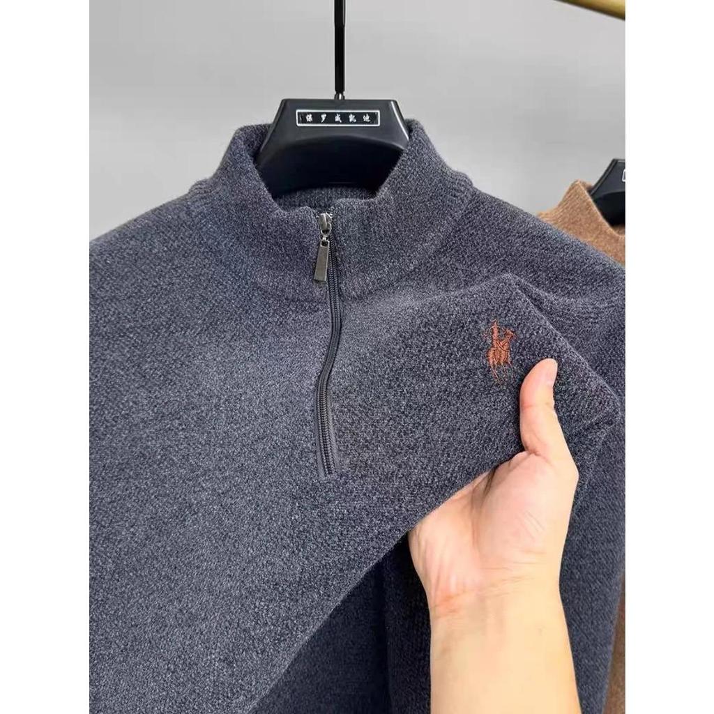 RogueWave Luxury Half Zipper Neck Sweater Men's Fashion Embroidery Casual Top Winter Plush Thick Warm Knitted Pullover