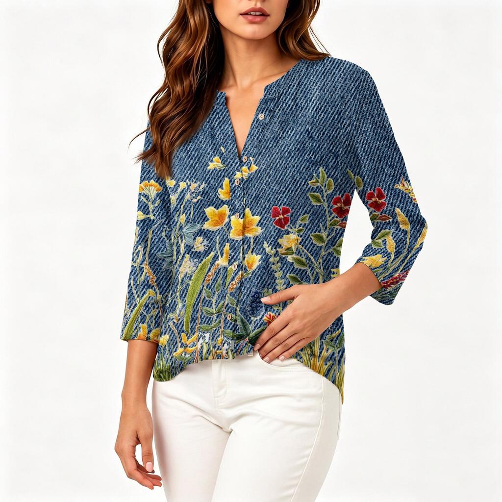 Women Vintage Floral Print Henley Button Neck Three Quarter Sleeve Linen Cotton Blouse Casual Loose Fit Shirt