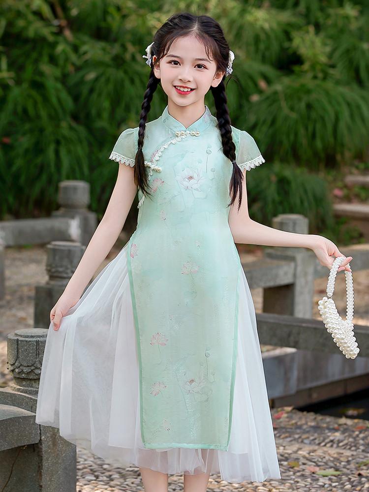 Girls' Cheongsam Dress 26 Summer New Style Chinese Style Dress New Chinese Mesh Splicing Cheongsam Dress