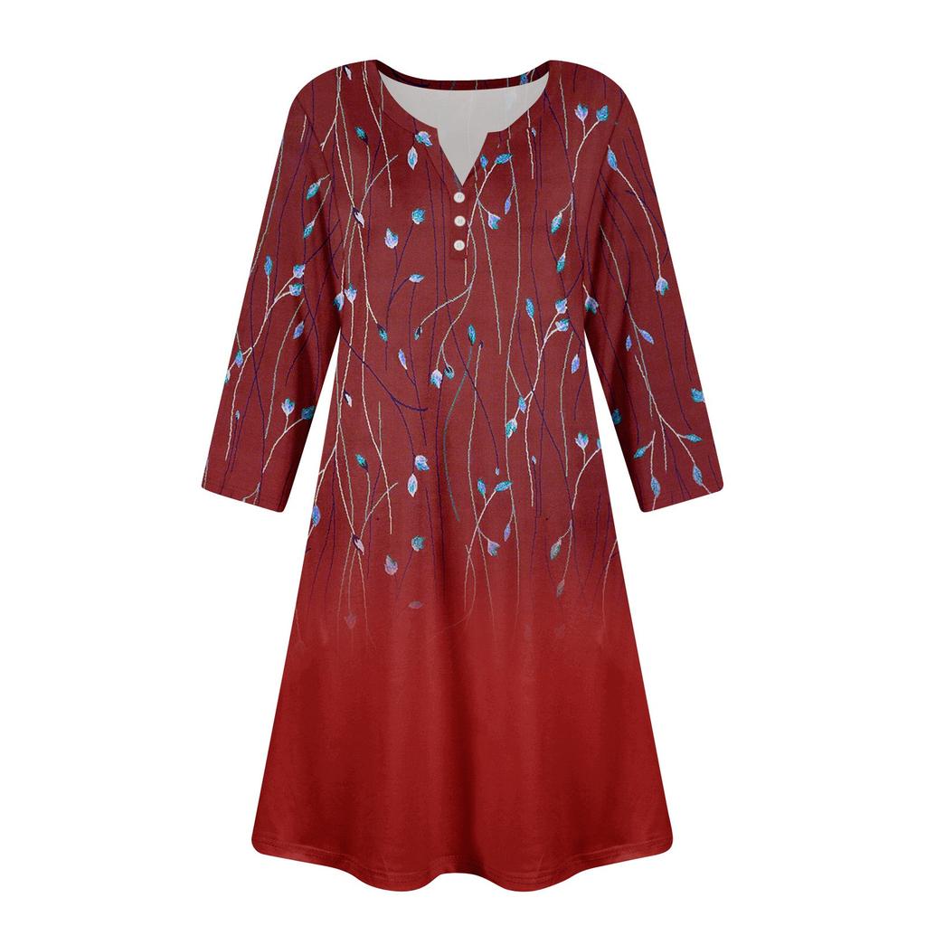 Women's Summer Dress Loose V Neck Three-quarter Sleeve Sundress With Pockets Dress