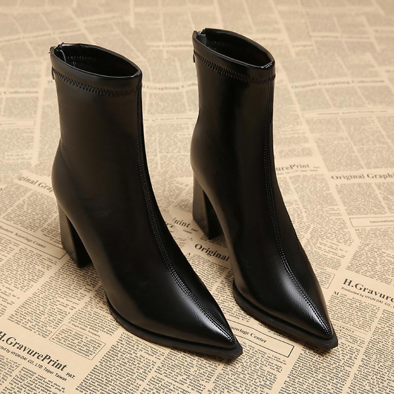 Autumn Winter Fashion Pointed Toe Ankle Boots Women Zippers Thick Heels Shoes Street Style Banquet Party Short Botas Mujer