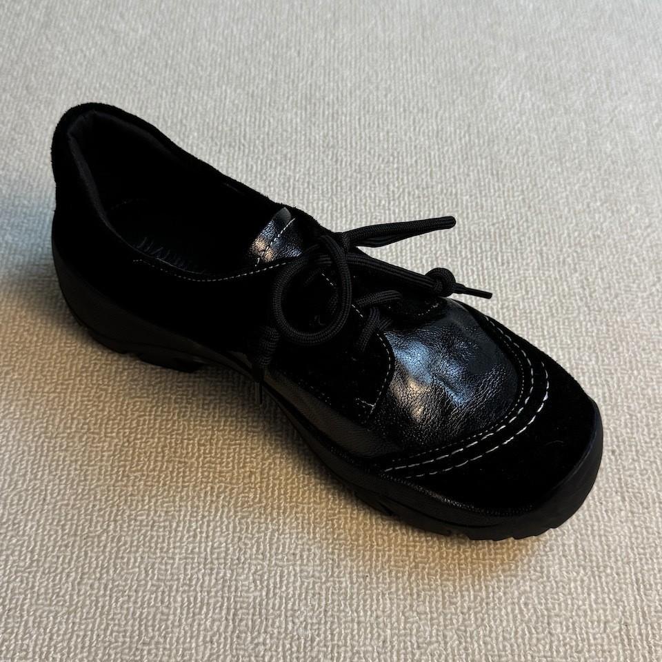 "Commuter Moral Training" Retro Academy Small 4cm Lace-up Round Toe Platform Single Shoes Women's British-style Leather Shoes