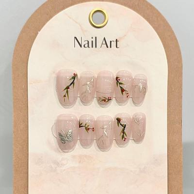 HANDGEFERTIGTE Künstliche Nägel Original Akazie Rote Bohne Handbemalt Katzenauge Frühling Sommer Falsche Nägel Set Mit Kleber Wiederverwendbare und Entfernbare Aufdrücknägel