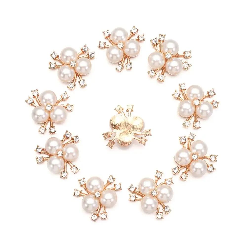 10Pcs Sparkling Hat Apparel Accessories Flower-shaped Rhinestone Buttons Pearl Hairpins Headwear Clip Pearl Button DIY Craft