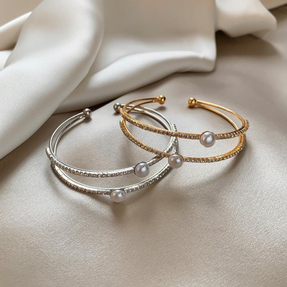 Bridal Jewelry Rhinestone Bracelet Double-layer Wrist Ornament Simple Opening Bangles  Ladies