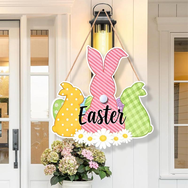 12x12 inch/30x30 cm Easter Wooden Hanging Door Sign Rabbit Egg Decorative Plaque for Easter Front Door Decor