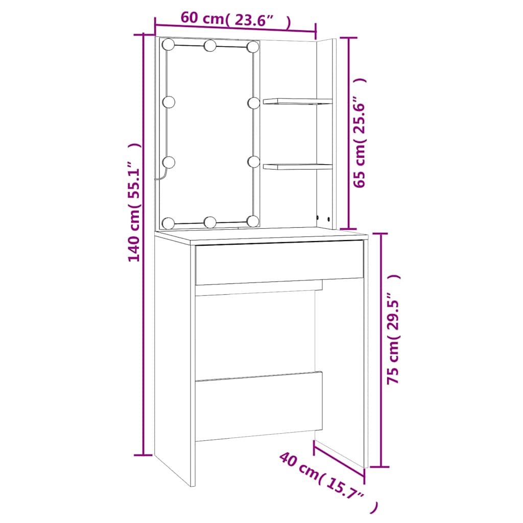 Makeup Table with LED Lighting Sonoma Oak Finish 60 x 40 x 140 cm