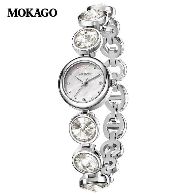 

Mokaga Women s High Quartz Diamond Inlaid Waterproof Fashion Watch with Exquisite Alloy Bracelet and Light Luxury Small Round Face срібні білого кольору