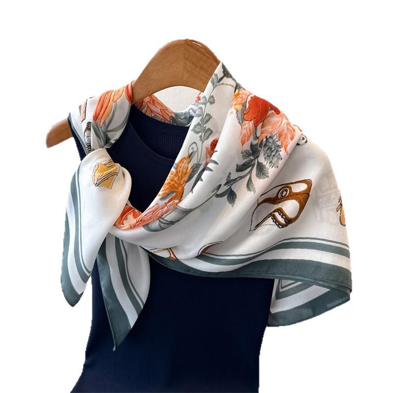 Flower Painting Imitation Silk Large Square Scarf Retro Printing Shawl Neck Silk Scarf Herringbone Women'S Scarf Headscarf