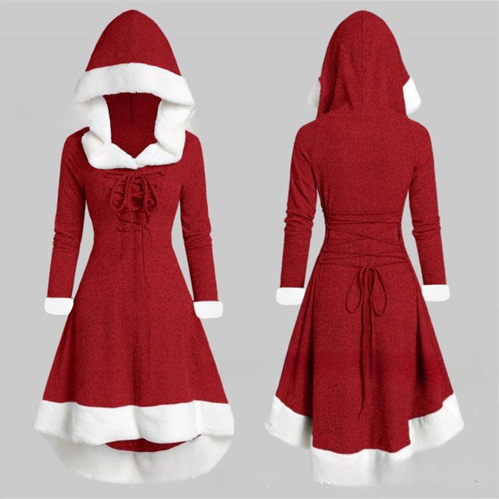 

VEZFAA Women s Fashion Spring Fall Solid Color Print Long Sleeve Hooded High Waist Casual Dresses XXXL