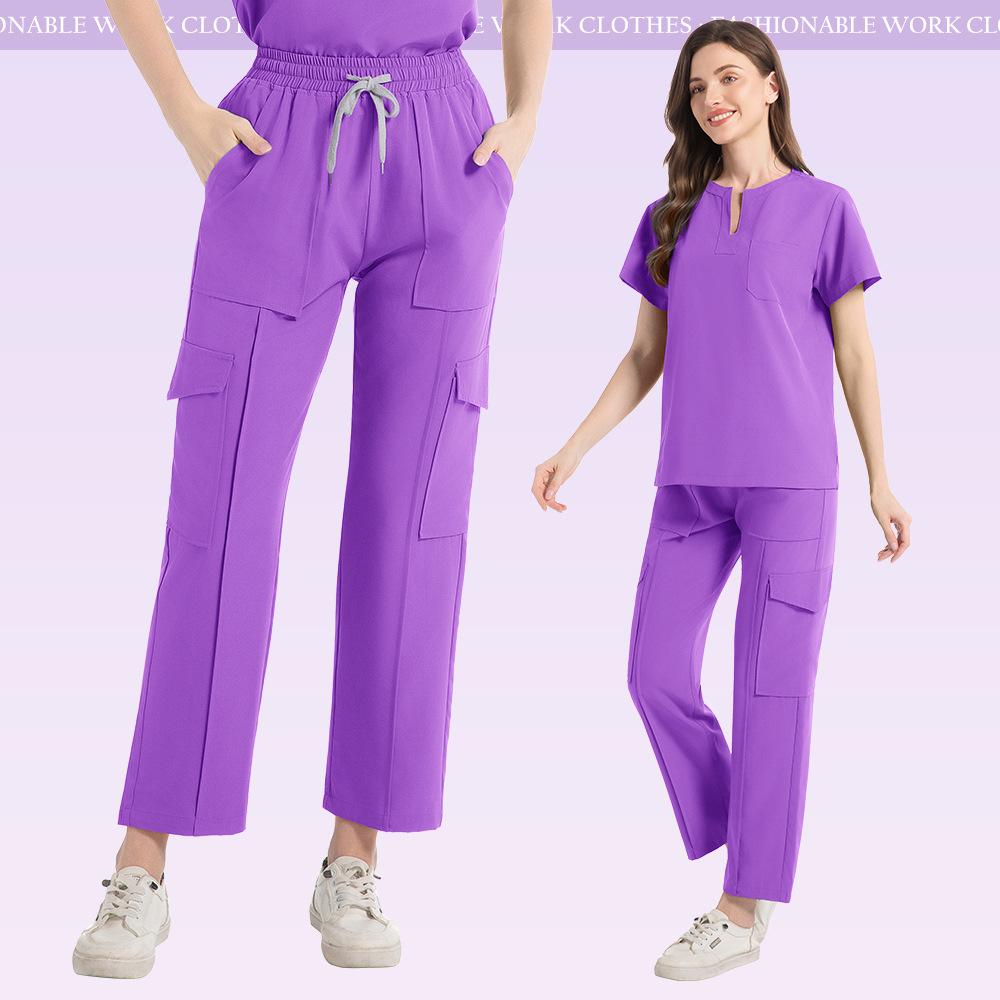 Uniforme Médical Blouse Pantalon Femmes Ensemble de Blouse Médicale à Poches + Pantalon Costume 2 Pièces Vêtements d'Infirmière pour Bloc Opératoire Salon de Beauté Vêtements de Travail
