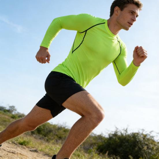 Men Quick Drying Tops Round Neck Long Sleeve High Elasticity Fitness Tops 3D Seamless Cutting Sports Fabric Athletic Shirt