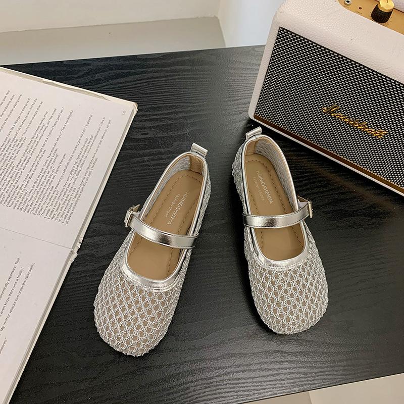 

2025 лето новые квадратный носок неглубокий вырез мягкая подошва слово с плоской подошвой сетчатые дышащие сандалии повседневные туфли Мэри Джейн женские 40 серебряный