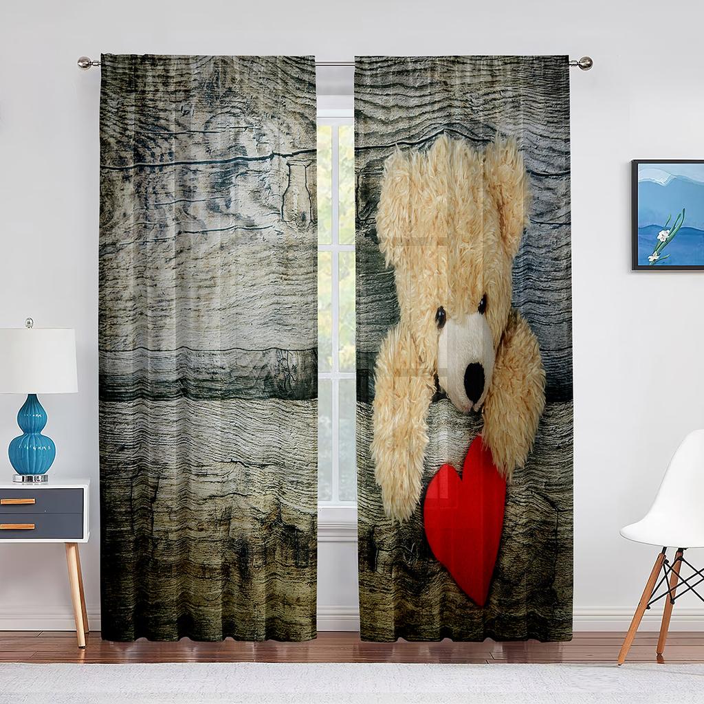 Lustiger Teddybär mit Geschenkbox Liebesherzen Transparente Vorhänge für Wohnzimmer Schlafzimmer Küchendekor Fenstervoiles Tüllvorhang