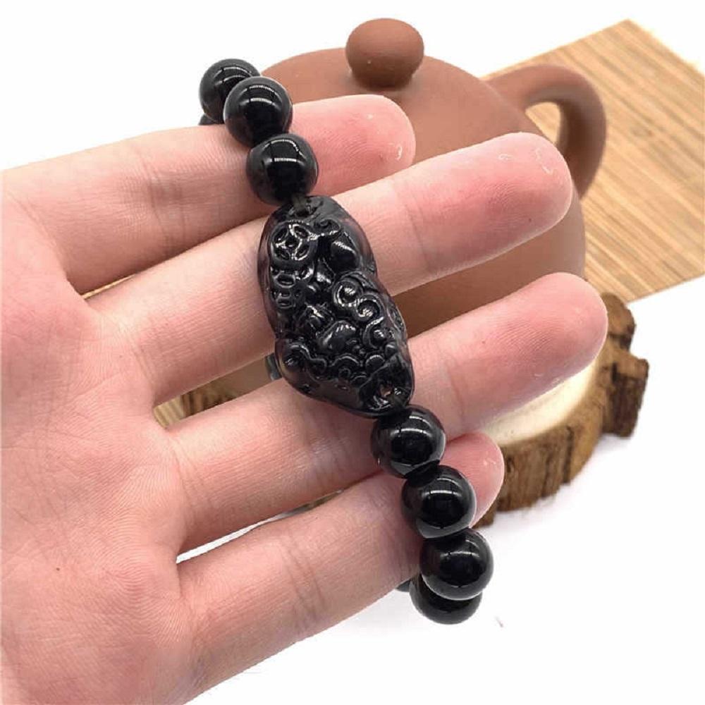 Unisex Attract Wealth Pixiu Feng Shui Men Obsidian Stone Beads Bracelets Wristband Good Luck Bangle