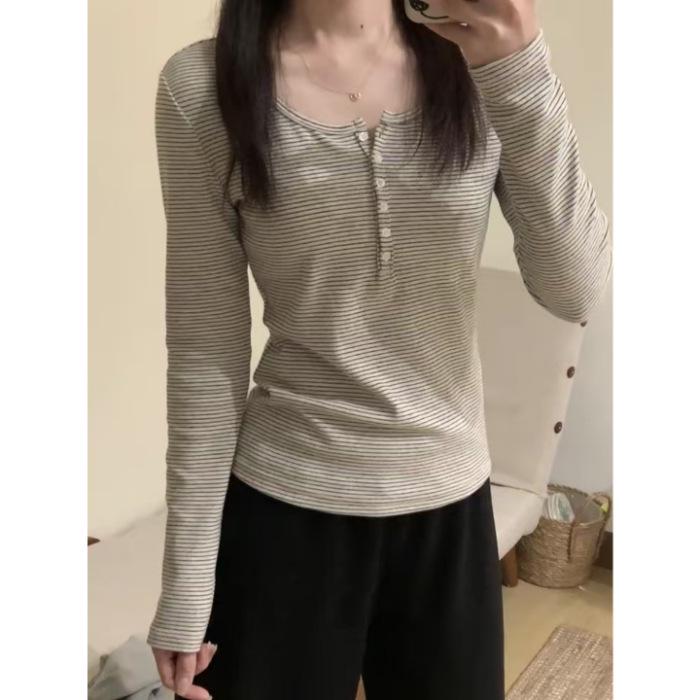 230g Ribbed Cotton Autumn U-Neck Button Long Sleeve Women s Striped T-Shirt S абрикосовый