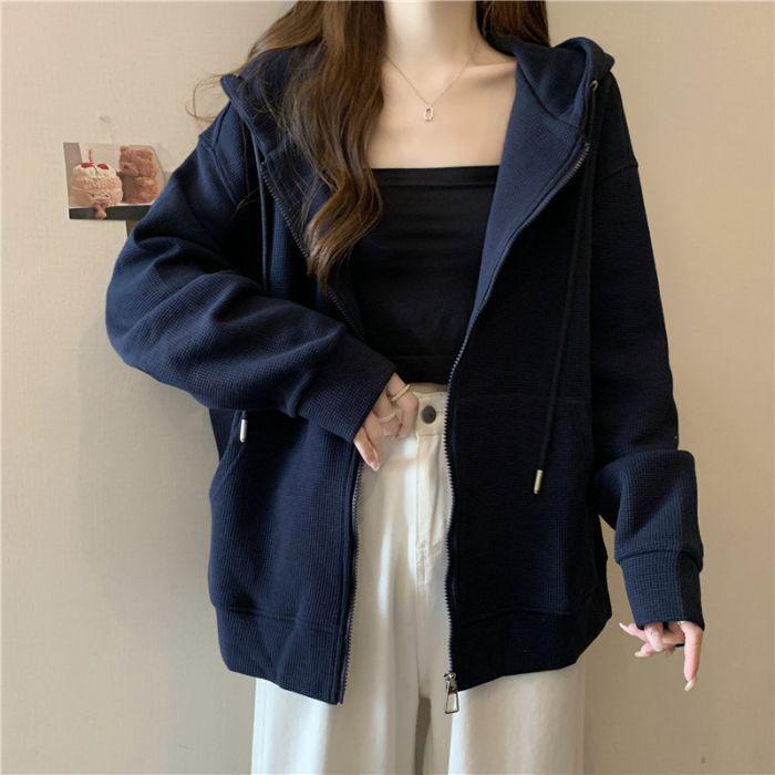 Women's Gray Hooded Sweatshirt: Early Spring 2025 Korean Style Lazy Petite Cardigan Top