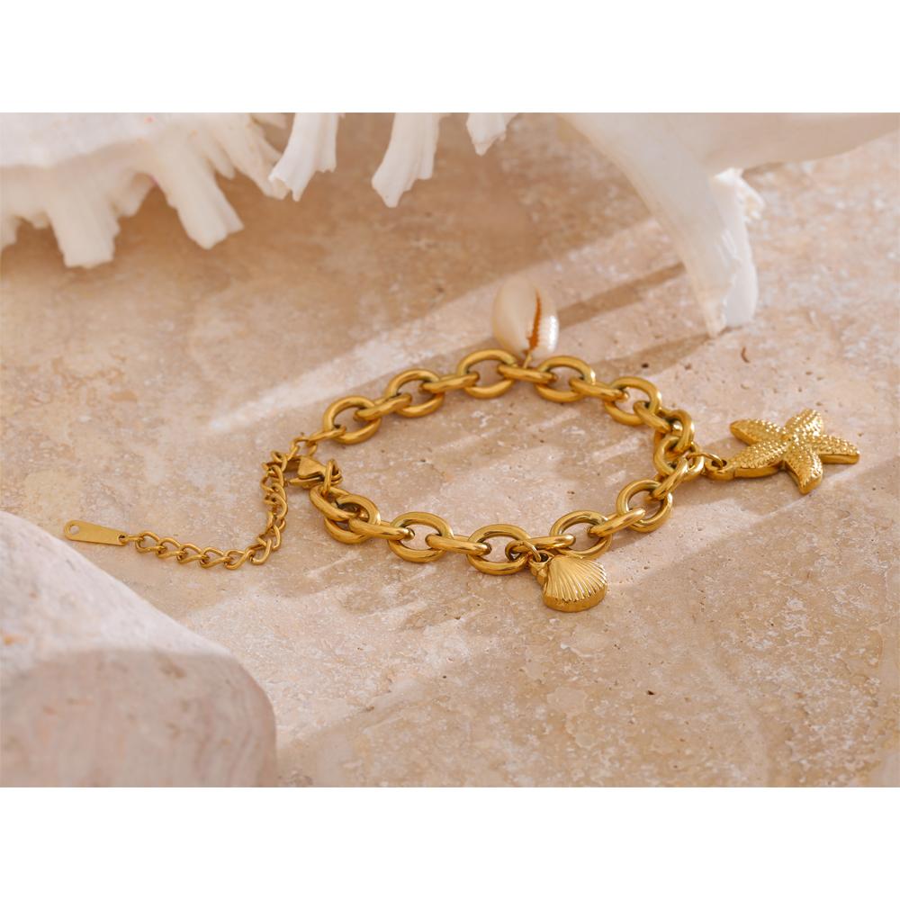 Yhpup Stainless Steel 18K Gold PVD Plated Metal Chain Waterproof Ocean Pendant Charm Starfish Shell Accessories Holiday Jewelry