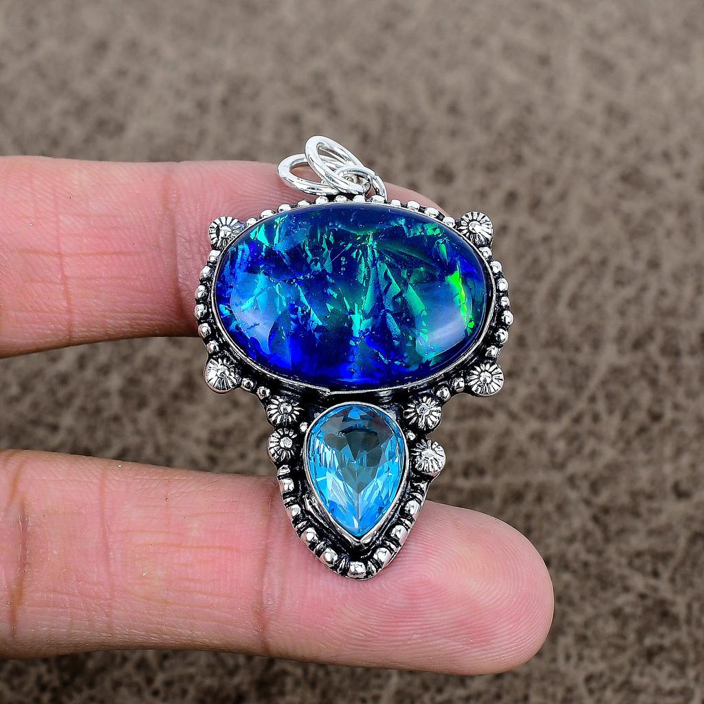 Blue Triplet Opal, Topaz Gemstone 925 Sterling Silver Jewelry Pendant 1.97" KKG-351