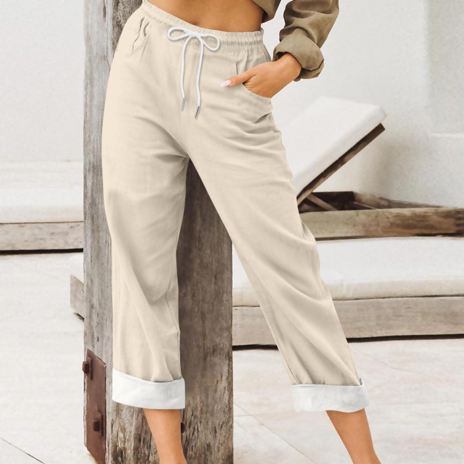 

Women s Pants Summer Wide Leg Casual Color Loose Drawstring High Waist Trousers With Pockets M бежевый