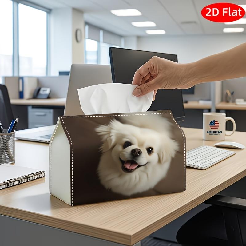 2D Flat, 1pc Tissue Box, Printed on Both Sides, Cute Aesthetic Dog Tissue Box with White Pekingese Puppy Happy Smile Fabric Napkin Storage Organizer f