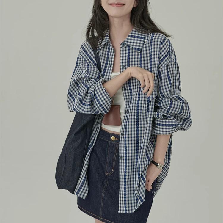 

Zhanzhan Ретро Морской бриз Клетчатая кружевная рубашка Large синий