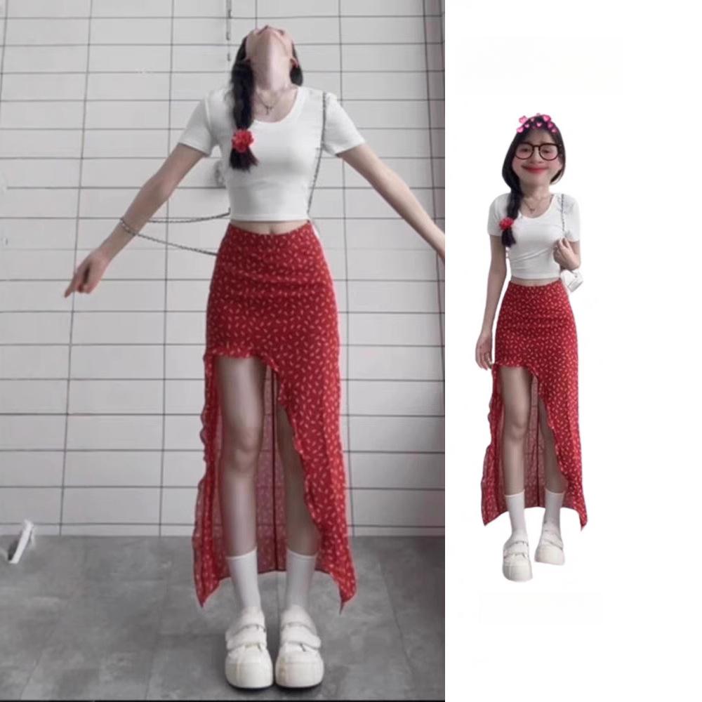 

WTEMPO Women Floral Print Long Skirt Ruffles Side Split Red High Waisted A Line Elegant Sexy Midi Skirts XL