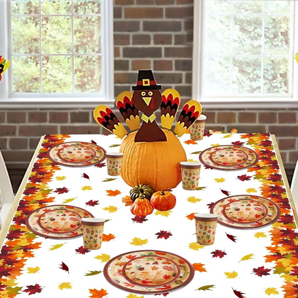 HOWAF 3 Pieces Thanksgiving Fall Leaf Tablecovers, Happy Thanksgiving Day Maple Leave Tablecloths, Autumn Themed Plastic Table Cloth for Thanksgiving