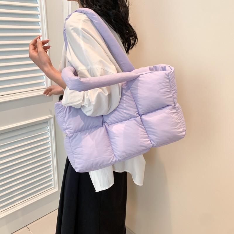 Womens Oversized Cotton Puffer Jacket Tote Bag In Pastel Colors Soft Square Shoulder Handbag With Zip Inner Pocket