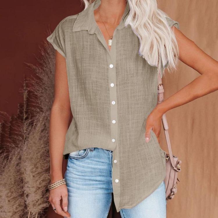 Women Casual Short Sleeve Shirt Summer Solid Color Lapel Top Single Breasted Blouse S хаки