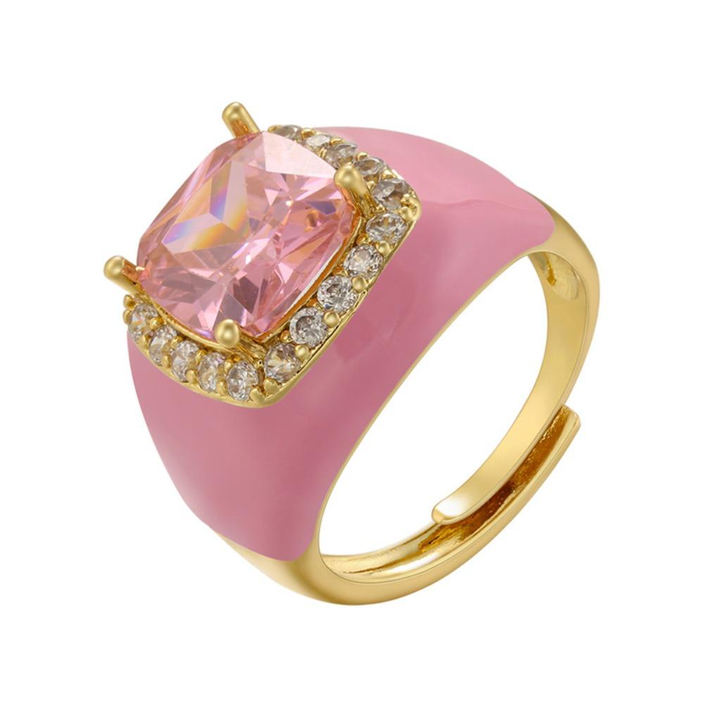 Gold Plated Zircon Open Ring Multicolor Geometric Square Ring Enamel Dripping Oil Ring  For Women