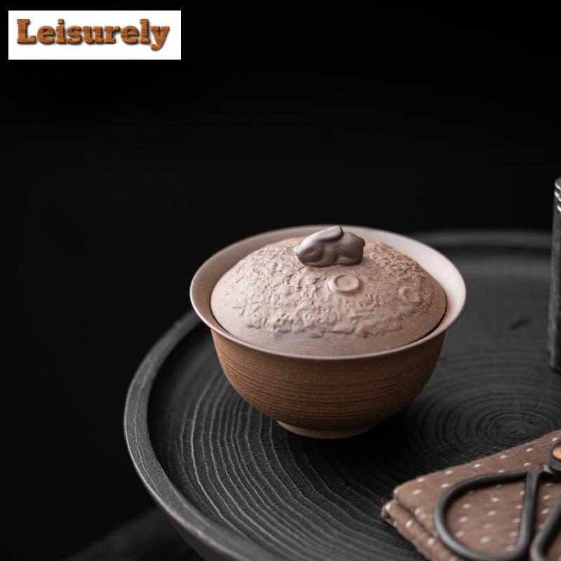 Ręcznie Formowany Błoto Skalne Gaiwan Antyczna Szorstka Ceramika Wysoka Stopka Czarka do Herbaty Japoński Czajnik Pokrywka Miseczka Ozdoby Chiński Zestaw do Herbaty