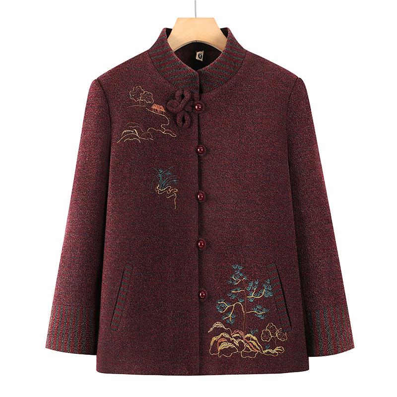 

Embroidered Stand-Collar Tang Suit Top for Middle-Aged and Elderly Women, Plush-Lined Jacket for Spring, Autumn, and Winter. 3XL (120-135kg)